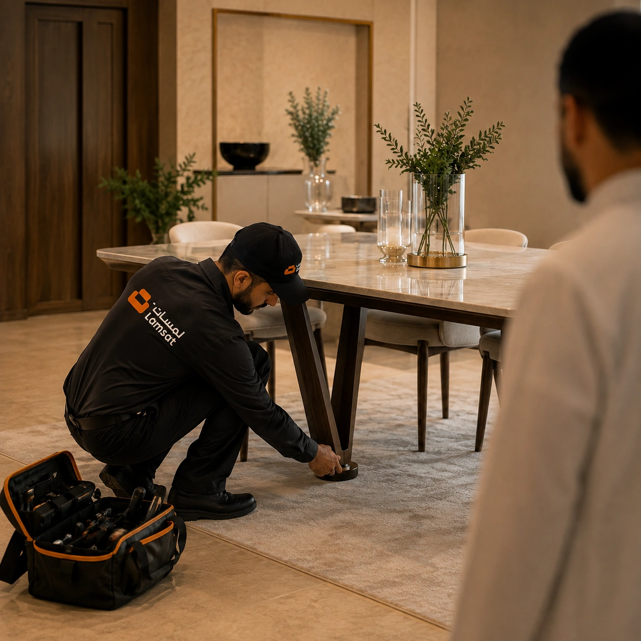فني من لمسات التأثيث ينفذ اللمسات الأخيرة بعد تركيب الأثاث داخل منزل العميل