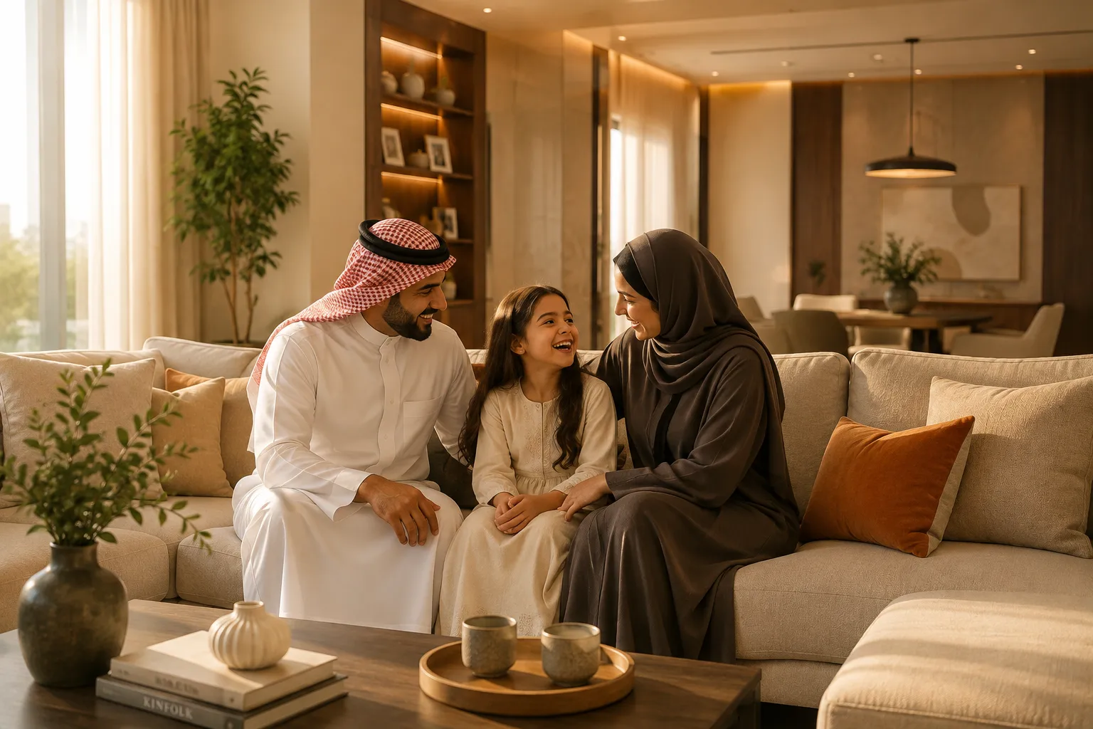 عائلة سعودية تستمتع بلحظة سعيدة داخل غرفة معيشة عصرية