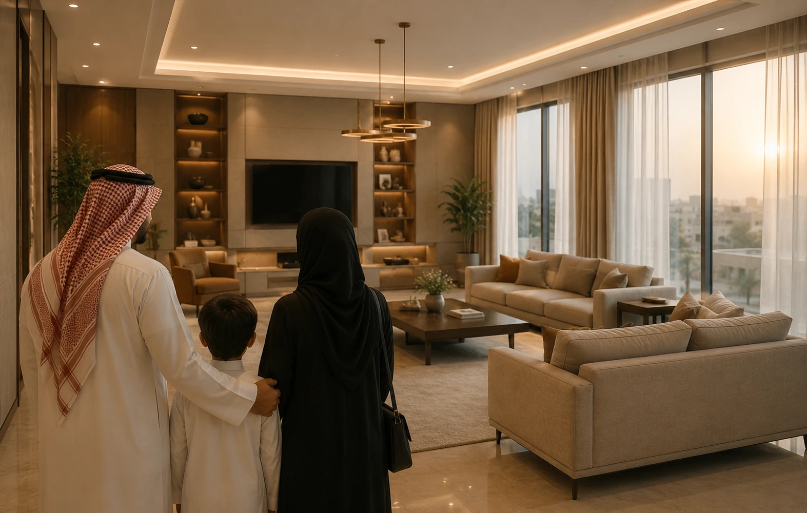 عائلة سعودية تستمتع بغرفة معيشة عصرية من تصميم لمسات التأثيث